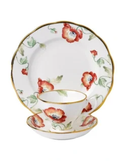 Poppy 1970 Teacup Saucer & Plate White