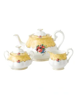 100 Years 1990 Teapot Cream & Sugar Set White/ Yellow